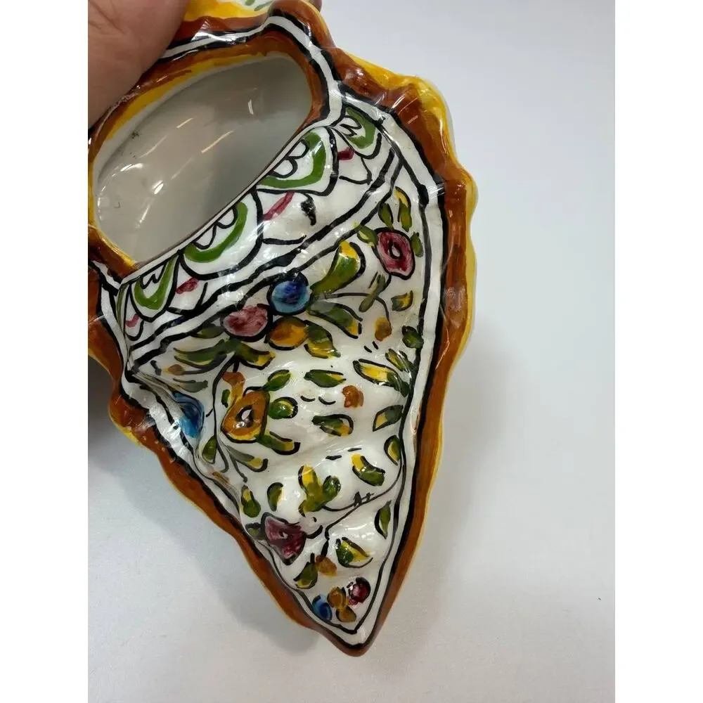 Italian Pottery Cornucopia Vase Hand Painted Ceramic Floral Italy Signed